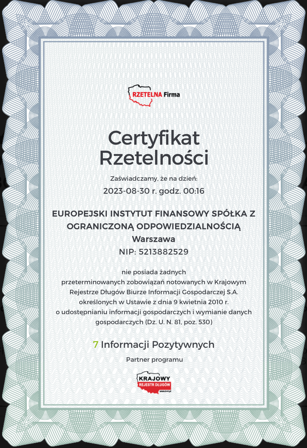 Certyfikat Rzetelna Firma Certyfikat Rzetelna Firma